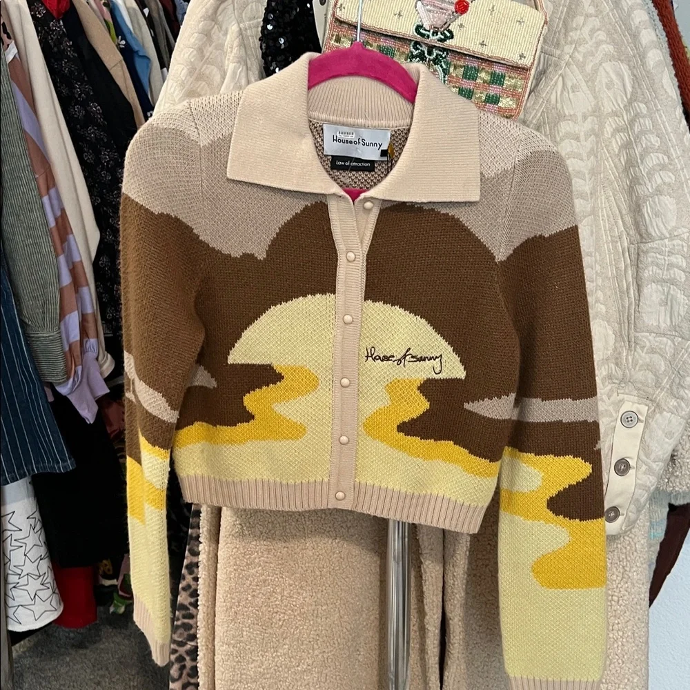 House Of Sunny The Dunes Tripper Jacquard Crop Cardigan, Sz 2 NWT - Picture 5 of 6